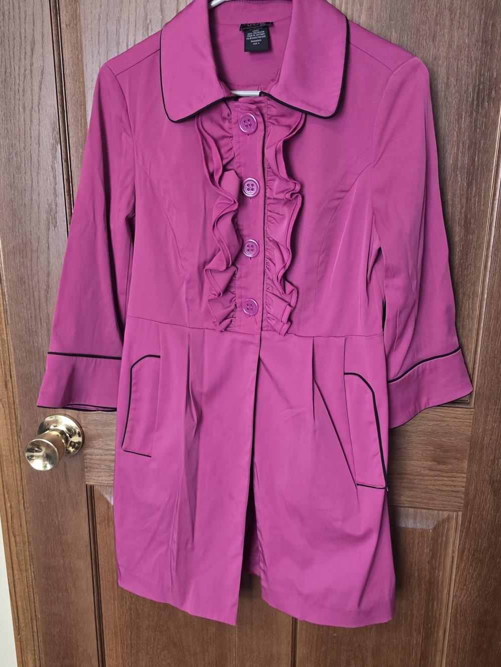 Speak 2 Me Pink Ruffle Coat Jacket Small Black Trim Retro Teacher Chic